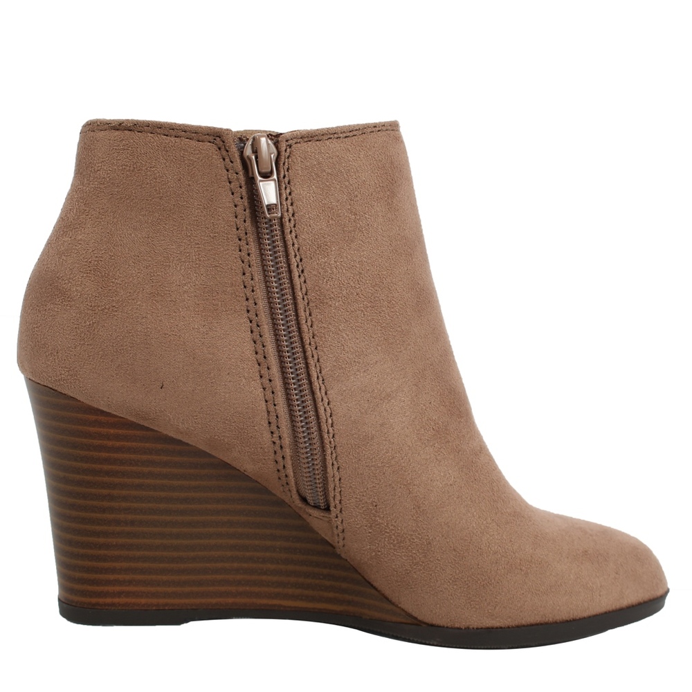 Taupe Faux Suede V cut Stacked Wedge Ankle Bootie - Picture 3 of 7